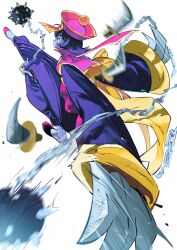 1girl atie1225 blue_skin brown_eyes chain chinese_clothes claw_(weapon) clothing_cutout colored_skin darkstalkers flipped_hair flying_kick hat highres hsien-ko jiangshi kicking ofuda purple_hair qingdai_guanmao sash short_hair solo sword weapon yellow_sash