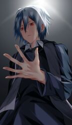 1boy absurdres ahoge alternate_costume bags_under_eyes black_background blue_hair highres male_focus red_eyes seikistar servamp short_hair sleepy_ash