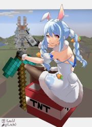 1girl absurdres animal_ear_fluff animal_ears black_gloves blue_hair braid brown_eyes brown_pantyhose carrot carrot_print crossed_legs don-chan_(usada_pekora) dress explosive food_print fur-trimmed_dress fur-trimmed_gloves fur_trim gloves hey_moona highres hill holding holding_walkie-talkie hololive letterboxed looking_at_viewer looking_back mecha minecraft minecraft_pickaxe multicolored_hair pantyhose pekodam pickaxe planted rabbit_ears rabbit_girl rabbit_tail river robot sitting smile solo tail tnt tnt_block_(minecraft) twin_braids twintails two-tone_hair usada_kensetsu usada_pekora usada_pekora_(1st_costume) virtual_youtuber walkie-talkie white_dress yuutoshj