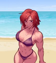 1girl beach bikini breasts cleavage curvy female_focus hairyscarecrow highres huge_breasts large_breasts looking_at_viewer ocean outdoors pale_skin red_eyes red_hair sand short_hair smile smiley_face snk standing swimsuit the_king_of_fighters thick_thighs thighs toned toned_female vanessa_(kof) water wide_hips