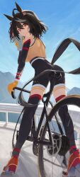 1girl absurdres adapted_costume ahoge animal_ears ankle_strap ass bare_shoulders bicycle bike_shorts black_hair black_thighhighs bottle bow breasts clothing_cutout commentary detached_sleeves english_commentary footwear_bow from_behind full_body gloves high_heels highres holding holding_bottle horse_ears horse_girl horse_tail impossible_clothes kitasan_black_(umamusume) looking_at_viewer medium_breasts multicolored_hair ningen_gokko orange_shoes red_bow red_eyes red_shoes shoes short_hair smile solo sports_bra streaked_hair tail tail_through_clothes thighhighs umamusume white_hair yellow_gloves