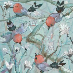 animal_focus bare_tree beak bird branch closed_eyes fletchinder flower flying gen_6_pokemon grey_background highres nintendo no_humans outdoors painterly pokemon sakusakufugashi tree white_flower