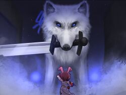 1girl animal_ears blue_eyes boopy_(datboopy) commentary cowboy_shot dagger dancer_rabbit detached_sleeves english_commentary highres holding holding_dagger holding_knife holding_weapon knife merran_the_steeltooth_wolf night orange_hair rabbit_and_steel rabbit_ears rabbit_girl short_hair skirt sky smoke solo star_(sky) starry_sky strapless sword tube_top weapon white_skirt white_sleeves white_tube_top wolf