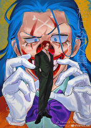 2boys black_jacket black_pants black_shoes blue_eyes blue_hair buggy_the_clown closed_mouth clown_nose collared_shirt evil_grin evil_smile eyelashes facepaint gloves grin hand_in_pocket highres jacket long_hair looking_at_viewer male_focus multiple_boys one_piece orange_background pants red_hair shanks_(one_piece) shirt shoes short_hair smile teeth translation_request vamos_mk white_gloves white_shirt