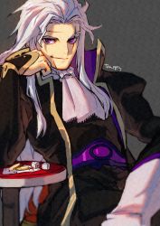 1boy artist_name ascot belt black_jacket boots card coin crossed_legs dice final_fantasy final_fantasy_vi grey_background grey_hair hand_on_own_face highres jacket long_hair long_sleeves looking_at_viewer male_focus nanpou_(nanpou0021) parted_bangs playing_card purple_belt purple_eyes scar scar_across_eye scar_on_face scar_on_forehead setzer_gabbiani sidelocks sitting smirk solo white_ascot white_boots