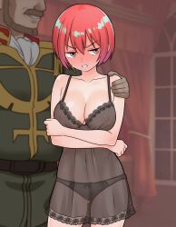 1boy 1girl absurdres age_difference amate_yuzuriha arm_around_shoulder black_negligee black_panties blush breasts cleavage collarbone commentary_request covered_navel crossed_arms curtains embarrassed facial_hair full-face_blush furaggu_(frag_0416) gundam gundam_gquuuuuux hetero highres indoors large_breasts looking_to_the_side military_uniform mustache nipples panties red_hair solo solo_focus standing stomach thighs underwear underwear_only variant_set window