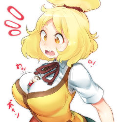 1boy 1girl alternate_breast_size animal_crossing between_breasts blonde_hair blush breasts brown_hair crossed_arms dress_shirt full-face_blush giant giantess isabelle_(animal_crossing) large_breasts looking_down mini_person miniboy naso4 nintendo open_mouth person_between_breasts personification ribbon scrunchie shirt short_hair simple_background size_difference skirt smile standing sweatdrop topknot vest villager_(animal_crossing) white_background yellow_eyes