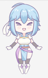 &gt;_&lt; 1girl ahoge armor belt blue_hair blue_tunic blush boots breastplate breasts chibi chibi_only closed_eyes commission commissioner_upload elbow_gloves facing_viewer fire_emblem fire_emblem:_genealogy_of_the_holy_war geraldjess1 gloves headband highres if_they_mated medium_breasts nintendo open_mouth original pelvic_curtain popped_collar purple_eyes selia short_hair shoulder_armor sidelocks simple_background sleeveless smile solo standing thighhighs thighs tomboy tunic white_background white_headband