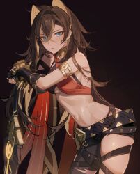 1girl :o arm_armor armlet asymmetrical_clothes bare_shoulders black_background black_gloves black_hair blonde_hair blue_eyes breasts claymore_(sword) criss-cross_halter crossed_bangs crossed_belts dark-skinned_female dark_skin dehya_(genshin_impact) fingerless_gloves gauntlets genshin_impact gloves gold_choker hair_between_eyes hair_ears halterneck highres jewelry leaning_on_weapon long_hair looking_at_viewer medium_breasts multicolored_hair multiple_thigh_straps navel pants single_gauntlet solo stomach streaked_hair sweat thigh_strap thighs torn_clothes torn_pants yurayura_(mdeh5447)