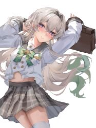 1girl absurdres arms_up bag black_hairband blush bow breasts closed_mouth commentary firefly_(honkai:_star_rail) firefly_(spring_missive)_(honkai:_star_rail) gradient_hair green_bow grey_hair grey_skirt hair_between_eyes hairband highres holding holding_bag honkai:_star_rail honkai_(series) long_hair long_sleeves medium_breasts multicolored_hair nononae official_alternate_costume pink_eyes plaid_bow plaid_clothes plaid_skirt school_bag school_uniform shirt simple_background skirt solo thighhighs white_background white_shirt white_thighhighs