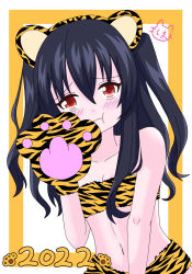 animal_ears bare_shoulders black_hair border breasts cat_ears cat_girl cleavage crop_top highres long_hair navel neptune_(series) orange_background orange_border paw pout red_eyes shimanekoz skirt small_breasts tiger tiger_ears tiger_girl tsundere twintails two_side_up uni_(neptunia)