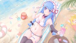 2girls :o absurdres ahoge bare_shoulders beach bikini black_bow black_thighhighs blonde_hair blue_hair blue_nails blunt_bangs blunt_ends blush bow bow_bikini braid breasts check_copyright cleavage collarbone copyright_request cowboy_shot crab cup day detached_collar dutch_angle eyes_visible_through_hair glass gluteal_fold hair_bow hair_ribbon hands_up highres holding holding_cup long_hair looking_at_viewer medium_breasts multiple_girls nail_polish navel ocean open_mouth original outdoors pink_bow pink_ribbon purple_eyes purple_pupils red_ribbon ribbon sichuan_luo_li side-tie_bikini_bottom sidelocks sitting solo_focus sparkle stomach strapless strapless_bikini swimsuit thigh_gap thigh_strap thighhighs thighs twin_braids white_bikini