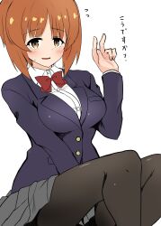 1girl absurdres alternate_costume asyura_kumo black_pantyhose blazer blue_jacket bow bowtie brown_eyes brown_hair commentary dress_shirt flying_sweatdrops girls_und_panzer grey_skirt highres jacket looking_at_viewer miniskirt nishizumi_miho open_mouth pantyhose pleated_skirt red_bow red_bowtie school_uniform shirt short_hair simple_background sitting skirt smile solo sweatdrop v white_background white_shirt