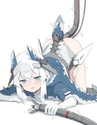 absurdres blue_eyes blush camouflage cape digital_camouflage gloves highres hood mecha_musume mechanical_spine mechanical_tentacles open_mouth original personification pussy_juice shasha_(shasha159357) su-57_(personification) sweat tentacle_sex tentacles trembling veins white_gloves white_hair