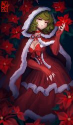 1girl absurdres blurry blurry_foreground breasts choker christmas cleavage cloak closed_mouth dress elbow_gloves fingerless_gloves flower fur-trimmed_cloak fur-trimmed_dress fur_trim gloves green_hair half-closed_eyes hand_up highres hood hood_up hooded_cloak kazami_yuuka looking_at_viewer medium_hair mole mole_under_eye nezo poinsettia red_choker red_cloak red_dress red_eyes red_flower red_gloves red_nails red_ribbon ribbon signature smile solo touhou wavy_hair