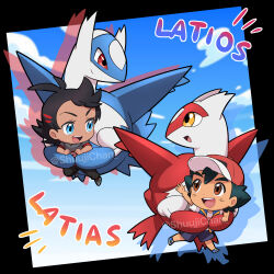 2boys ash_ketchum black_hair blue_eyes carrying carrying_person chibi gen_3_pokemon goh_(pokemon) hat jacket latias latios legendary_pokemon multiple_boys nintendo open_mouth pokemon pokemon_(anime) pokemon_(creature) pokemon_journeys sara_bon smile wings
