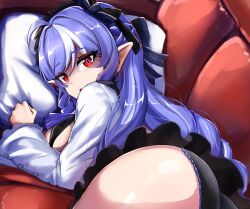 1girl ahoge ass black_panties commentary couch dress english_commentary highres long_hair looking_at_viewer lying mole mole_under_eye on_couch on_side paid_reward_available panties pillow pointy_ears purple_hair red_eyes slash-ex solo underwear vivian_banshee white_dress zenless_zone_zero