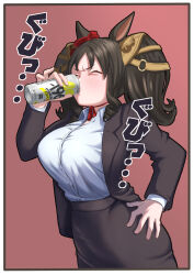 Rule 34 | 1girl, alternate costume, animal ears, black hair, black jacket, black skirt, border, breasts, can, commentary request, cowboy shot, drink, drinking, ear ornament, fang, hand on own hip, highres, horse ears, horse girl, horse tail, jacket, large breasts, long hair, long sleeves, marvelous sunday (umamusume), office lady, ohmi-wisteria, open clothes, open jacket, outside border, pencil skirt, sidelocks, skin fang, skirt, solo, strong zero, tail, twintails, umamusume, white border