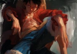 1boy abs absurdres black_hair blue_shorts closed_mouth commentary facial_scar hat hat_on_back highres knee_up looking_at_viewer male_focus monkey_d._luffy one_piece open_clothes open_shirt painterly pectorals red_shirt sash scar scar_on_cheek scar_on_chest scar_on_face shirt short_hair shorts sitting smile solo straw_hat toned toned_male whitehogiii yellow_sash