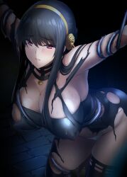 1girl black_dress black_hair breasts cleavage commentary_request covered_erect_nipples dress flower gold_hairband hair_flower hair_ornament hairband highres large_breasts large_variant_set long_hair looking_at_viewer onigirikun paid_reward_available red_eyes restrained rose solo spy_x_family sweat torn_clothes torn_dress variant_set yor_briar
