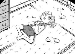 1girl 4shi :d arrow_(symbol) bags_under_eyes barefoot braid broken_plate commentary_request dango-chan_(4shi) double_bun drawer food from_above full_body greyscale hair_bun highres hollow_eyes indoors knees_apart_feet_together long_sleeves lying monochrome neckerchief on_back open_mouth original own_hands_together palms_together plate pleated_skirt sailor_collar school_uniform serafuku short_hair skirt smile solo tatami tofu too_literal translated twin_braids