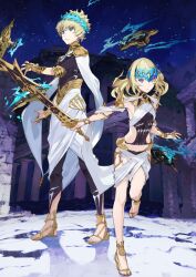 1boy 1girl alpha_castor ancient_greek_clothes armor beta_pollux black_leggings black_panties black_shirt blonde_hair blue_sky breasts brother_and_sister cape castor_(fate) closed_mouth clothing_cutout expressionless fate/grand_order fate_(series) floating floating_hair floating_object floating_weapon full_body game_cg gold_armlet gold_armor gold_belt gold_sandals greco-roman_clothes halterneck head_wreath holding holding_sword holding_weapon laurel_crown leg_up leggings long_hair looking_at_viewer midriff_peek neck_armor night night_sky official_art outstretched_arm outstretched_arms panties pollux_(fate) sandals shawl shield shirt short_hair shoulder_armor siblings side_cutout sidelocks skirt sky small_breasts standing standing_on_one_leg star_(sky) starry_sky sword taiki_(luster) third-party_source three-quarter_sleeves toes turtleneck twins underwear variant_set weapon white_cape white_shawl white_skirt