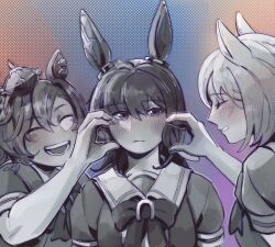 3girls :d :| ^_^ admire_vega_(umamusume) animal_ears blush bow bowtie closed_eyes closed_mouth commentary crown ear_ornament english_commentary halftone halftone_background hand_up heart heart_hands heart_hands_duo highres horse_ears horse_girl horseshoe_ornament long_hair mini_crown multiple_girls narita_top_road_(umamusume) open_mouth partially_colored purple_eyes sailor_collar sailor_shirt sappy_sprout school_uniform shirt short_hair smile summer_uniform t.m._opera_o_(umamusume) teeth tracen_school_uniform umamusume umamusume:_road_to_the_top upper_body