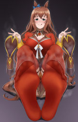 1girl absurdres animal_ears blouse boots bow brown_hair commission ear_bow feet foot_focus foreshortening gradient_background green_eyes grey_background highres holding holding_boots holding_footwear holding_shoes holding_unworn_clothes licking_lips long_hair looking_at_viewer maruzensky_(umamusume) pixiv_commission red_shirt red_socks red_thighhighs shirt shoes smell socks soles solo steam thighhighs tongue tongue_out umamusume unworn_boots unworn_shoes very_long_hair