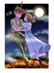 1girl blue_dress blue_eyes bow brown_hair dress green_eyes green_tunic hair_bow hat_feather highres long_hair moko_eaka open_mouth pointy_ears ponytail shoes short_hair short_sleeves smile tunic walt_disney&#039;s_peter_pan wendy_darling
