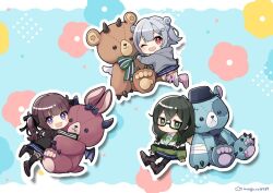 3girls :d ;d binchou_maguro black-framed_eyewear black_jacket black_pantyhose black_ribbon black_thighhighs blue_background blue_skirt blunt_bangs boots bow braid brown_boots brown_shoes cevio chibi chibi_only commentary_request double-parted_bangs flower-shaped_pupils full_body glasses green_eyes green_hair green_hoodie green_necktie grey_hair grey_hoodie hair_bow hair_ornament hair_ribbon hairclip hanakuma_chifuyu hood hood_down hoodie hugging_object jacket koharu_rikka lace-up_boots long_hair long_sleeves looking_at_viewer multiple_girls natsuki_karin necktie one_eye_closed open_mouth outline pantyhose parted_lips pink_shoes pleated_skirt purple_eyes red_eyes red_hair ribbon shoes short_hair skirt smile socks stuffed_animal stuffed_toy symbol-shaped_pupils synthesizer_v teddy_bear thighhighs twin_braids twintails twitter_username white_bow white_outline white_socks