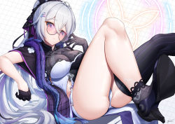 1girl adjusting_eyewear ass bare_legs bare_shoulders black_footwear black_gloves black_shirt breasts bronya_zaychik bronya_zaychik_(heart_of_the_night) bronya_zaychik_(silverwing:_n-ex) clothing_cutout gloves grey_eyes grey_hair hair_ornament hair_spread_out hairclip half_gloves high_heels highres honkai_(series) honkai_impact_3rd large_breasts legs_up long_hair looking_at_viewer micro_shorts ponytail purple-tinted_eyewear revision round_eyewear semi-rimless_eyewear shirt short_sleeves shorts side_cutout single_thighhigh solo striped_clothes striped_thighhighs sunglasses thighhighs thighs tinted_eyewear under-rim_eyewear very_long_hair white_shorts wide_sleeves xfate