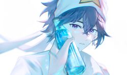 2boys 510513518 aotu_world bandana black_hair bottle chinese_commentary chromatic_aberration hair_between_eyes headband highres holding holding_bottle implied_yaoi looking_at_viewer male_focus multiple_boys parted_lips portrait purple_eyes ramune ray_(aotu_world) shirt short_hair simple_background solo_focus sweat water_bottle white_background white_headband white_shirt