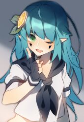137058648 1girl ;d aotu_world aqua_hair black_gloves black_neckerchief blush chinese_commentary commentary_request facial_mark fingerless_gloves food food-themed_hair_ornament fruit gloves green_eyes hair_ornament hand_up highres index_finger_raised leaf_hair_ornament lemon lemon_(aotu_world) lemon_hair_ornament lemon_slice long_hair looking_at_viewer midriff navel neckerchief one_eye_closed open_mouth pointy_ears sailor_collar school_uniform serafuku shirt short_sleeves smile solo upper_body white_shirt