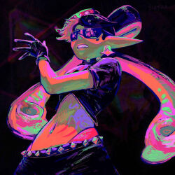 1girl callie_(octo_idol_outfit)_(splatoon) callie_(splatoon) earrings esquidda gloves goggles jewelry midriff nintendo pointy_ears short_sleeves splatoon_(series) splatoon_2 teeth tentacle_hair twintails