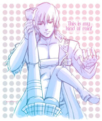1boy 1girl allie_(united_f) artist_name bike_shorts boots coat dante_(devil_may_cry) devil_may_cry devil_may_cry_(series) devil_may_cry_3 fingerless_gloves gloves lady_(devil_may_cry) no_shirt parted_lips skirt smile upside-down