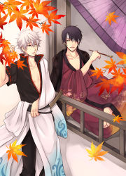 2boys arima_(iro_rabbit) arm_out_of_sleeve barefoot eyepatch gintama green_eyes japanese_clothes katana kimono kiseru male_focus multiple_boys purple_hair red_eyes sakata_gintoki short_hair sitting smoking_pipe sword takasugi_shinsuke weapon white_hair
