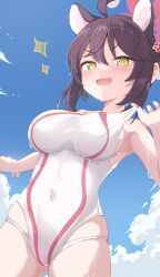1girl absurdres ahoge animal_ear_fluff animal_ears armpits bare_arms bare_shoulders black_hair blue_archive blush covered_navel extra_ears hair_between_eyes halo hello-ghiblisan highleg highleg_one-piece_swimsuit highres kaede_(blue_archive) one-piece_swimsuit open_mouth raccoon_ears raccoon_girl red_halo short_hair solo sweat swimsuit white_one-piece_swimsuit yellow_eyes