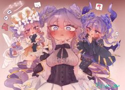 3girls ? @_@ angel angel_and_devil angello_vaalmonica black_dress blue_eyes blush breasts brown_background confused demon_girl demon_horns demon_wings dimonno_vaalmonica donut_hair_bun double_bun dress drill_hair duel_monster fang hair_bun highres horns large_breasts long_hair mini_person multiple_girls purple_eyes purple_hair selettrice_vaalmonica speech_bubble spoken_question_mark twin_drills upper_body very_long_hair white_dress wings yu-gi-oh! yuyou_ygo