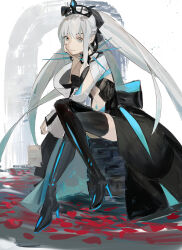 1girl absurdres black_bow black_dress blue_eyes boots bow crossed_legs dress fate/grand_order fate_(series) hair_between_eyes hair_bow high_heels highres long_hair long_sleeves looking_at_viewer morgan_le_fay_(fate) ponytail sitting solo spikes stomach_tattoo tattoo thigh_boots thighhighs tiara very_long_hair white_hair wide_sleeves yaruyan