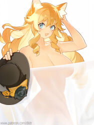 1girl animal_ears bed_sheet black_hat blonde_hair blue_eyes blush breasts cat_ears distr drill_hair drill_sidelocks genshin_impact hand_up hat highres holding holding_unworn_clothes holding_unworn_hat large_breasts looking_at_viewer naked_sheet navia_(genshin_impact) patreon_username see-through_silhouette sidelocks simple_background solo twin_drills unworn_hat unworn_headwear white_background