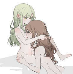 2girls bang_dream! bang_dream!_it&#039;s_mygo!!!!! between_legs blue_eyes breasts brown_hair chinese_commentary commentary_request completely_nude green_hair hand_on_another&#039;s_head highres licking licking_nipple long_hair multiple_girls nagasaki_soyo nipple_stimulation nude simple_background small_breasts wakaba_mutsumi white_background yellow_eyes yuan_shuang yuri