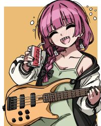 1girl :d ^_^ absurdres bass_guitar black_bow black_jacket black_nails blunt_bangs blush bocchi_the_rock! border bow braid braided_ponytail breasts closed_eyes collarbone commentary dress drunk earrings full-face_blush ghuler green_dress hair_bow head_tilt highres hiroi_kikuri holding holding_bass_guitar holding_instrument holding_juice_box instrument jacket jewelry letterman_jacket long_hair long_sleeves low_ponytail multicolored_jacket open_mouth orange_background outside_border pink_hair ponytail puffy_long_sleeves puffy_sleeves sidelocks single_bare_shoulder single_off_shoulder sleeveless sleeveless_dress small_breasts smile solo spaghetti_strap teeth two-tone_jacket upper_teeth_only white_border white_jacket