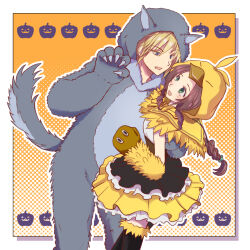 1boy 1girl aerith_gainsborough aerith_gainsborough_(chocobo_suit) alternate_costume animal_costume animal_hood bird_costume black_skirt blonde_hair blue_eyes blush braid braided_ponytail breasts brown_hair capelet chocobo claws cloud_strife cosplay cowboy_shot elbow_gloves fang feather_trim feathers final_fantasy final_fantasy_vii final_fantasy_vii_ever_crisis fusion gloves green_eyes grey_fur hair_between_eyes hood hooded_capelet jack-o&#039;-lantern medium_breasts official_alternate_costume open_mouth parted_bangs short_hair sidelocks skirt underbust wide-eyed wolf_costume yahokichi_ma yellow_feathers yellow_skirt yuffie_kisaragi yuffie_kisaragi_(cosplay) yuffie_kisaragi_(nanaki_mantle)