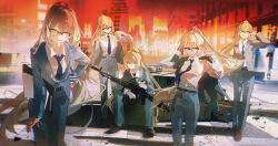 alva_(girls&#039;_frontline_2) an-94_(girls&#039;_frontline) belt blue_pants box building girls&#039;_frontline girls&#039;_frontline_2:_exilium glasses gun highres holding holding_gun holding_weapon multiple_girls necktie pants sitting smile tracyton weapon