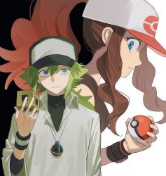 1boy 1girl aqua_eyes baseball_cap black_background black_undershirt black_vest blue_eyes brown_hair collared_shirt confrontation expressionless from_side green_eyes green_hair hand_up hat high_ponytail highres hilda_(pokemon) holding holding_cube holding_poke_ball left-handed light_smile long_hair long_sidelocks looking_at_another looking_down looking_up multicolored_background n_(pokemon) nintendo opposing_sides p_oxo7 poke_ball poke_ball_(basic) poke_ball_print pokemon pokemon_bw ponytail serious shade shirt sidelocks team_plasma undershirt upper_body vest void_cube watch white_background white_shirt wristband wristwatch xtransceiver