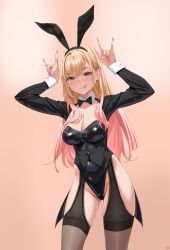 1girl :q \n/ absurdres animal_ear_hairband animal_ears armpits arms_up black_bow black_bowtie black_leotard blonde_hair bow bowtie breasts covered_navel cowboy_shot fake_animal_ears gradient_background gradient_hair groin hairband highres kitagawa_marin kuuhaku_(pskf2372) leotard long_hair looking_at_viewer medium_breasts multicolored_hair official_alternate_costume pink_background pink_hair playboy_bunny rabbit_ear_hairband rabbit_ears red_eyes shrug_(clothing) solo sono_bisque_doll_wa_koi_wo_suru thighs tongue tongue_out very_long_hair wrist_cuffs yellow_background