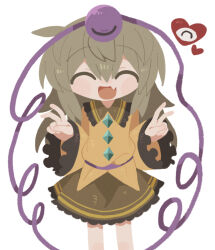 1girl ^_^ bent_v blush buttons closed_eyes collared_shirt diamond_(shape) diamond_button double_v facing_viewer fang feet_out_of_frame film_grain frilled_shirt frilled_shirt_collar frilled_skirt frilled_sleeves frills green_skirt grey_hair hair_between_eyes hands_up happy heart komeiji_koishi long_hair long_sleeves no_headwear no_lineart open_mouth shirt simple_background skin_fang skirt sleeves_past_wrists smile solo third_eye tongue touhou v white_background wide_sleeves yellow_shirt zunusama