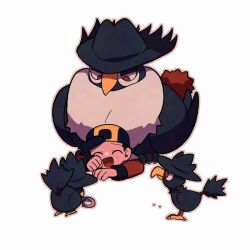 1boy :d bird black_hair black_hat chibi closed_eyes commentary ethan_(pokemon) gen_2_pokemon gen_4_pokemon hat honchkrow jacket light_blush long_sleeves lying male_focus murkrow nintendo on_stomach open_mouth pokemon pokemon_(creature) pokemon_hgss red_jacket short_hair smile symbol-only_commentary tyako_089