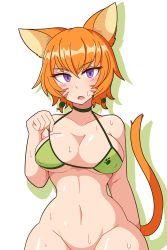 1girl adjusting_clothes animal_ears bikini bikini_top_only blush bottomless breasts cat_ears cat_tail choker facial_mark fang fire_emblem fire_emblem:_path_of_radiance green_bikini highres laguz_(race) large_breasts lethe_(fire_emblem) looking_at_viewer navel nintendo open_mouth orange_hair purple_eyes short_hair solo sweat swimsuit tail vadaboob wide_hips
