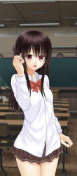 Rule 34 | 1girl, black hair, ceiling, chair, chalkboard, classroom, cowboy shot, desk, female focus, hisahara shizuku, hosi-gaki, indoors, long hair, neck ribbon, original, pleated skirt, red eyes, ribbon, school, school desk, school uniform, shitou (4h), sidelocks, skirt, solo, standing, wooden floor, zenra toukou school